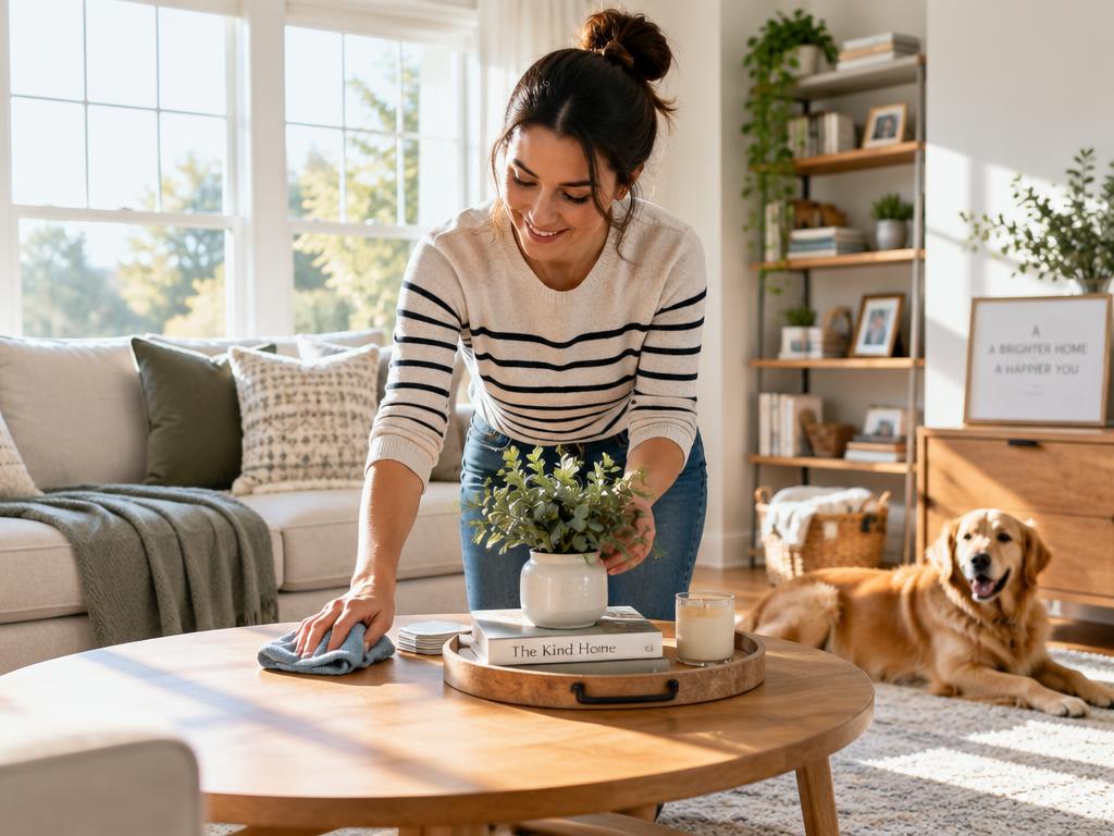 A person cleaning a bright living room